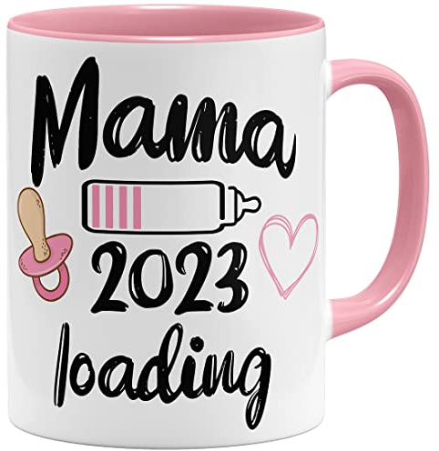 OM3® Mama Loading 2025 Kaffee-Tasse mit süßem Spruch - Lustige Schwangerschaftsverkündung für Mädchen Girl - Keramik Becher - 325ml - Beidseitig Bedruckt - Rosa