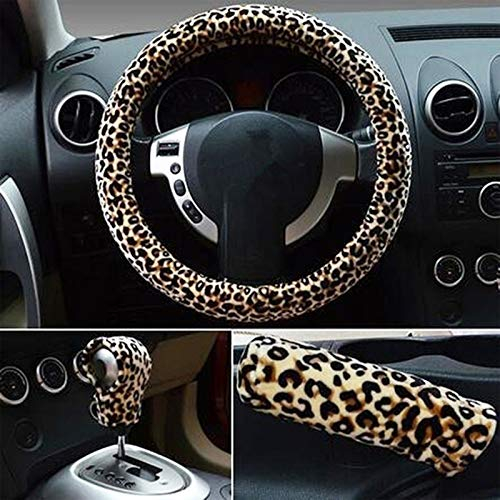 ihreesy Lenkrad Abdeckung für Frauen,3er Set 38cm Plüsch Leoparden Auto Lenkradhülle Lenkradbezug Lenkradschoner mit Handbremsabdeckung/Schaltknaufabdeckung Universal Auto Dekor Zubehör,Beige