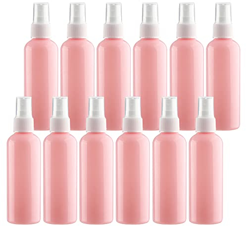 TIANZD 12 Pieces Empty 100 ml Pink PET Plastic Fine Mist Pump Spray Bottles with White Top Portable Sprayer for Perfume Water Cosmetic Travel Containers Refillable, 2X Funnel