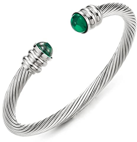 COOLSTEELANDBEYOND Elastische Verstellbare Klassische Edelstahl Herren Damen Armband Verdrehten Stahlkabel Armreif mit Grün Perlen