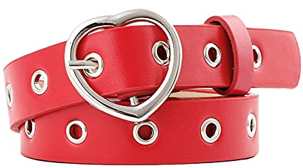 Herz Gürtel Nietengürtel Schmaler Damengürtel Schwarz Einzelloch Nietengürtel mit Leder Ösengürtel, versch Farben Hohle Blume,Punk Gothic Partygürtel Größen, Breiten 2.5 (Rot,Einheitsgröße)