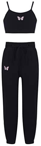 iiniim Mädchen Sport Kleidung Set Jogginganzug Schmetterling Druck Crop Top Oberteile mit Fitness Hose Jogger Tanz Yoga Training A Schwarz 158-164