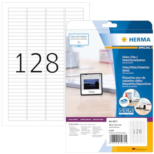 HERMA 5071 Dia Etiketten, 800 Blatt, 43,2 x 8,5 mm, 128 pro A4 Bogen, 102400 Stück, selbstklebend, bedruckbar, matt, blanko Papier Diarahmen-Aufkleber, weiß