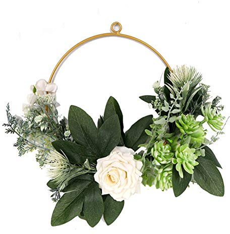 Künstliche Blumen Türkranz Hängende Frühlingskranz Rund Metall Blumenkranz Hochzeitsgirlande Türschild Metallkranz Haustür Dekorativer Kranz für Landhaus Haustür Dekoration Wohnzimmer Wanddekoration