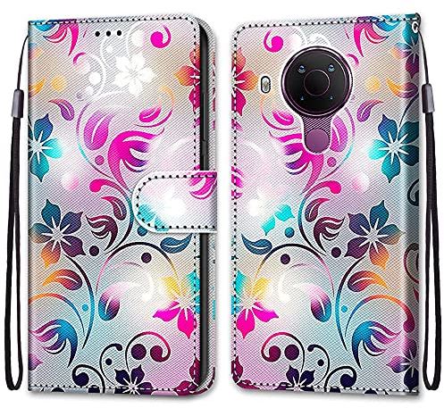 Mo-Somnus Kompatibel mit Nokia 5.4 Hülle, Dünne Leder Handyhülle mit Kartenfach Geld Slot Ständer PU Ledertasche TPU Bumper Wallet Flip Brieftasche Magnetische Schutzhülle Case Etui (Blume 1)