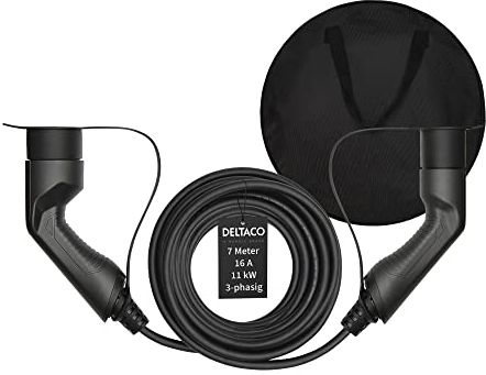 DELTACO Typ 2 EV-Ladekabel für E-Autos & Hybrid Fahrzeuge inkl. Tasche, Elektroauto Charge Mennekes Kabel, Kompatibel mit ID.3, ID.4, Zoe, E-Tron, Model S/3/X/Y, Leaf, 3-phasig, 16A | 11kW, 7 Meter
