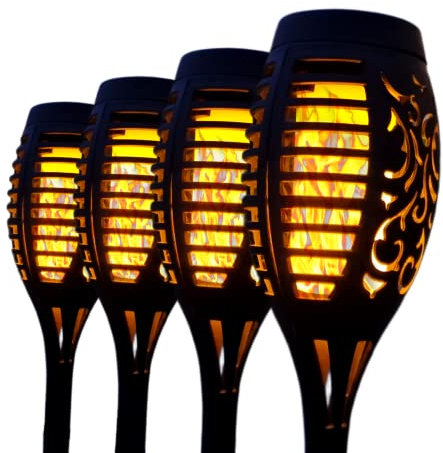 Luces Antorcha Solares Led Exterior Jardín Impermeable. Luces de Decoracion Antorchas LED para Exteriores, jardineria y Cesped. 4 Unidades de Antorchas Exterior. Luces Exterior Solar Efecto Llama