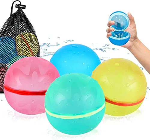 Globos de Agua Reutilizables, 4 Piezas Bolas de Agua Recargables Autosellante de Llenado Rápido para Niños y Adultos, Juguetes de Verano Aptos para Exteriores, Piscina, Playa y Fiestas Acuáticas