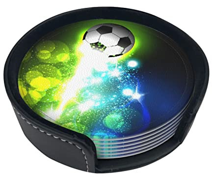 Lot de 6 dessous de verre en cuir absorbant avec boîte de rangement Motif ballon de football