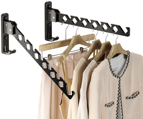 Dr.DJ Wall Mount Coat Hanger Holder Black Clothes Drying Organizer Rack Garment Hooks Aluminium Retractable Folding Indoor Wall Mounted Hanger Space Saver for Laundry Room Bedroom Black 2Pack