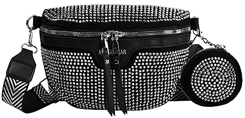 Cozlly Bauchtasche Damen, Strass PU Gürteltasche Damen, Crossbody Bag Damen Breiter Gurt, Leder Umhängetasche Damen Klein, Schulter Crossbody Brusttasche mit Münzgeldbeutel Anhänger (Silber)