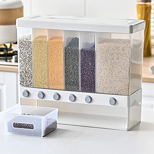 10KG 6 in 1 White Wall Mounted Plastic Rice, Lentil Dispenser - Food Bucket with Transparent View - Grain, Cereal, Dry Fruit Storage Box for Home and Kitchen