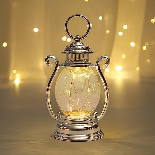 Reheyre LED Vintage Lantern Flickering Flame, Battery Operated Retro LED Lantern with Hook, Indoor/Outdoor Hanging Decorations Lanterns for Patio Garden Yard Christmas Halloween Party Festival Silver