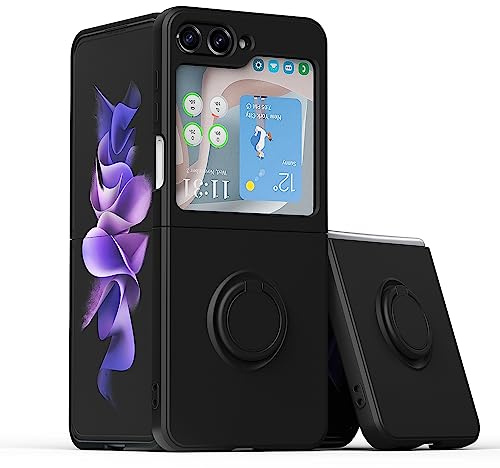 UEEBAI Silikonhülle mit Ring für Samsung Galaxy Z Flip 5 5G, Leichte Etui Case Faltbare Hülle Schlanke Stoßdämpfung Handyhülle mit 360 Grad Drehung Ringhalter Schutzhülle – Schwarz