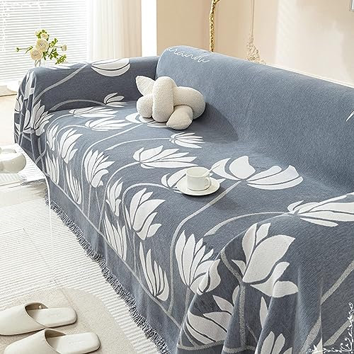 Mesnt Sofabezug 4 Sitzer Big Sofa, Grau Weiß Couchschutz für Haustiere mit Blumenblattmuster aus Chenille, 180x420CM