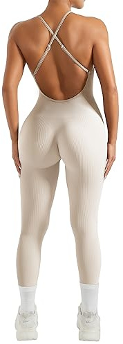 DOULAFASS Women Ribbed One Piece Backless Jumpsuits Sleeveless Tummy Control Seamless Padded Rompers Unitards All In One Gym Jumpsuit Workout Yoga Playsuits