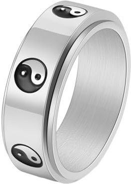 Whoiy Wedding Band Ring Edelstahl Yin Yang mit Gravur, 8MM Silber Anti Stress Zapple Spinner Band Ringe Hochzeit Ring für Männer Größe 60 (19.1)