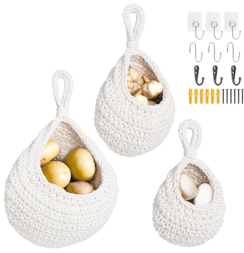 Kyrio 3pcs Hanging Fruit Basket, Hanging Vegetable Basket for Kitchen, Woven Teardrop Hanging Storage Basket, Hanging Wall Basket for Fruit Vegetable Storage (White)