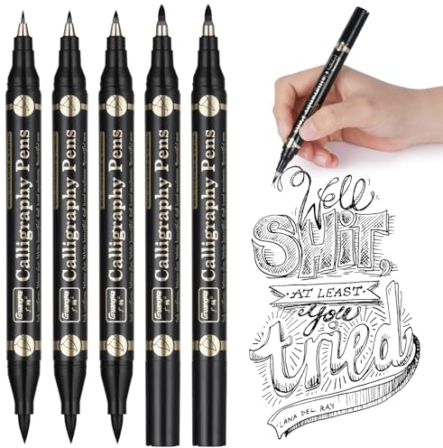OFFCUP Kalligraphie Stifte, 5 Calligraphie Handlettering Stifte, Schwarz Kalligraphie Set mit 4 Größen Kalligrafiespitze für Anfänger Kaligraphiestifte Set für Hand-Lettering, Journal, Grußkarten