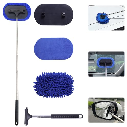 Lergas Nettoyeur de pare-brise de voiture, avec manche télescopique, brosse de lavage de voiture avec tête pivotante à 180°, nettoyant pour pare-brise de voiture, camping-car, camion