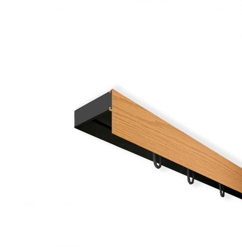 SN Deco - Vorhangschiene SH Set, Gardinenschiene, vorgebohrt, m. Blende Eiche, Komplettes Zubehör und Röllchen (Schiene Schwarz 1-läufig, Blende Eiche 7.5 cm, 120 cm)