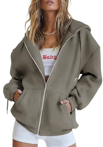 Timuspo Hoodie Kapuzen Sweatjacke Oversize Kapuzenpullover Full Zip Sweatshirt Jacke Mantel Damen Basic Lang Pullover Kapuzenjacke Hellbraun,L