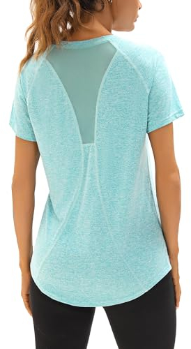 Wayleb Gym Tops Women Sports Yoga Running Top V Neck Quick Dry Fitness T-Shirt Ladies Short Sleeve Exercise Tee Shirts Lake Blue