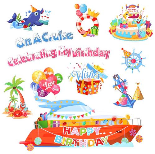 PHOGARY 10pcs Ocean Birthday Magnets Cruise Door Decorations Magnetic, Funny Reusable Cruise Ship Magnet for Happy Birthday Cabin Ship Carnival Refrigerator Office Car
