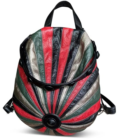 DEEVORCA Damen Rucksack Diebstahlsicher – Wasserabweisender PU-Patchwork Rucksack, Ergonomischer, Robust & Langlebig, Organisierte Innenfächer für Alltag & Reisen （Rot-Grün,L）