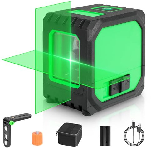 Laser Level Green Laser Level Self-Levelling Laser Level -Green Light Junkie Compact Home Laser Level Highly Accurate Bright Horizontal and Vertical Crosshairs with Portable Flat Rechargeable Battery