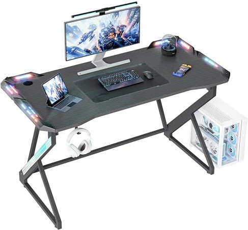BEXEVUE Scrivania da gioco a LED, 100 x 60 cm, tavolo da gioco ergonomico, telaio Z con superficie in fibra di carbonio, stabile, facile da montare, gancio per cuffie per gaming, studio, lavoro, casa,