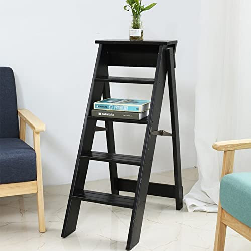 Escabeau Noir en Bois, Chaise Pliante, 5 marches, Tabouret pour la sécurité intérieure et extérieure, escabeaux multifonctionnels antidérapants, 150 kg