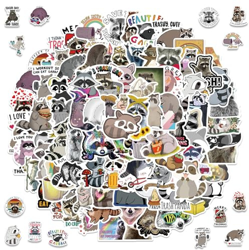 100 Stück Raccoon Aufkleber, Wasserdicht Cartoon Tier Aufkleber | Waschbär Sticker, Vinyl Kawaii Raccoon Stickers für Auto Laptop Gitarre Skateboard Motorrad Fahrrad Gepäck Wasserflaschen