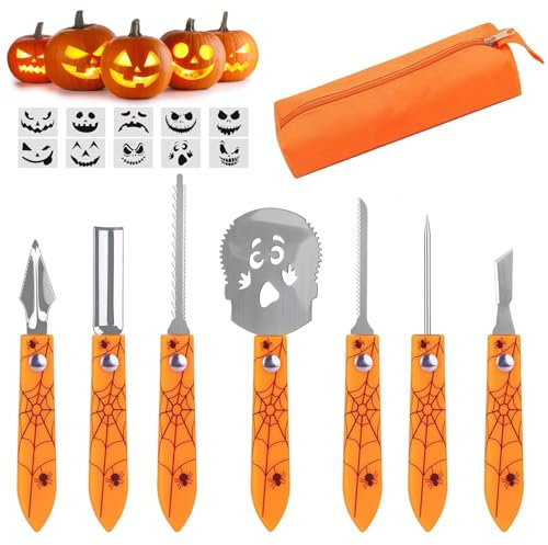 Magicbox Halloween Kürbis Schnitzset, 7 Stück Edelstahl Halloween Kürbisschnitzwerkzeuge mit Tragetasche, 10 Kürbis Schnitzen Vorlagen, Halloween DIY Kürbis Schnitzen Werkzeug für Kinder