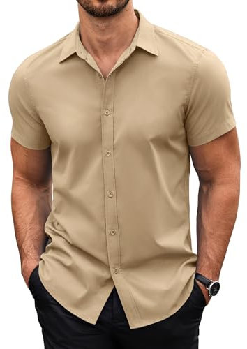COOFANDY Mens Short Sleeved Shirts Summer Casual Shirts Non Iron Dress Shirts Muscle Fit Shirts for Men Button Up Shirt Business Shirts Khaki XXL
