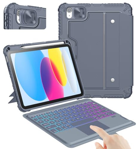 Nillkin iPad A16 (11th Gen) / 10th Gen Case with Detachable Keyboard, Magic Trackpad, 7-Color Backlit, Portrait/Landscape Stand, Rugged Keyboard Case for iPad 11th / 10th Generation (2025/2022),Grey