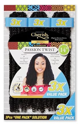 Cherish Passion Twist Crochet Hair, 35.5 cm (14 Inches) Length, 3-Pack Value Bundle, Colour 1 (Jet Black)