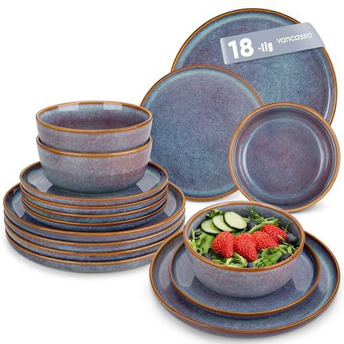 vancasso Série PLAYA Service Vaisselle 6 Personnes, Service Complet 18 Pièces en Grès - 6 Assiettes Plates, 6 Assiettes à Dessert et 6 Bols - Adapté au Micro-Ondes, Glaçure Gris Bleu