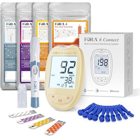FORA 6 Connect | 4-in-1 Blutzucker-, Keton-, Cholesterin-, Harnsäure-Messgerät | Für die Selbstanwendung zu Hause | Bluetooth & App | Inkl. Teststreifen & Zubehör, Gelb