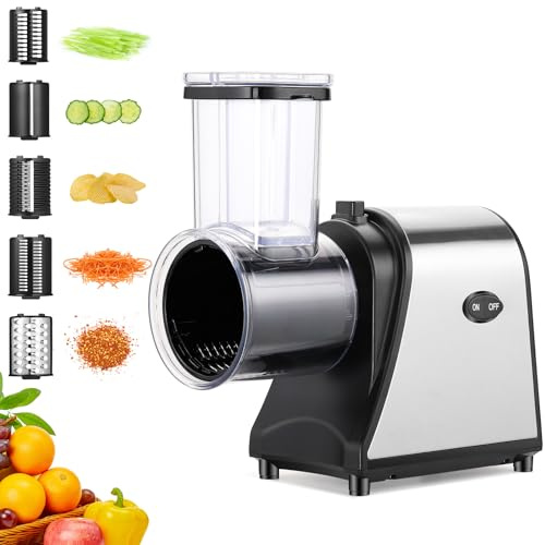 250W Elektrischer Gemüseschneider, 5-in-1 Gemüsehobel mit Extra Großer Einfüllöffnung, Multifunktionale Küchenreibe für Obst, Gemüse & Käse