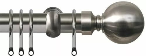 Extendable 25-28mm Metal Curtain Pole Set With Plain Ball Finials Rings Brackets (Brushed Nickel, 210-400cm)