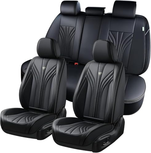 FLORICH Autositzbezüge Set PU Leder Vordersitze und Rückbank, wasserdichte Autositzauflage Universelle Passform für 95% Limousine, SUV, Pickup, Van (Komplettset, Schwarz02)
