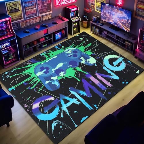 SGZIOO Gaming Rug for Boys Bedroom, 100 x 160 cm Gamer Rug, Colorful Boys Bedroom rug, Graffiti Game Controller Carpet for Game Room Living Room Decor, Non-Slip Mat, Playroom Carpet Decorative