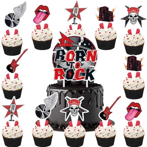 Rock and Roll Geburtstag Tortendeko,Doyomtoy Rockmusik Cake Topper Musik Cupcake Topper Geburtstag für Rockliebhaber Party 13 Stück