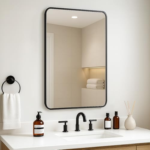 GREENSAPPIRE Rectangle Wall Mirror with Black Aluminum Frame 100x70cm HD Glass & Rounded Corners, Vertical/Horizontal Hanging for Bathroom, Living Room, Hallway (100x70cm)