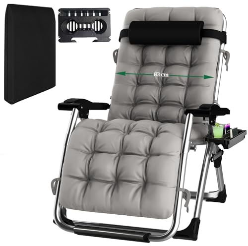 Fiutazge 83cm UltraLarge Chaise Longue Pliante,Transat Jardin Exterieur avec Coussin Rembourré,Appuie-tête,Porte-gobelet,Fauteuil de Jardin avec Dossier Réglable pour Balcon,Plage,Terrasse-Gris