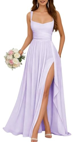 WISIYLE DSJ071 - Vestido largo de gasa para dama de honor, con tirantes delgados, plisado, con volantes, vestido formal de graduación con bolsillos, Lila, 36