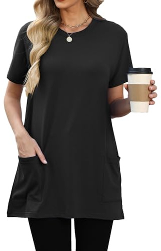 Famulily Long T-Shirt for Women UK Solid Color Loose Fit Tunic Summer Crew Neck Short Sleeve Tee Tops with Pockets S-XXL