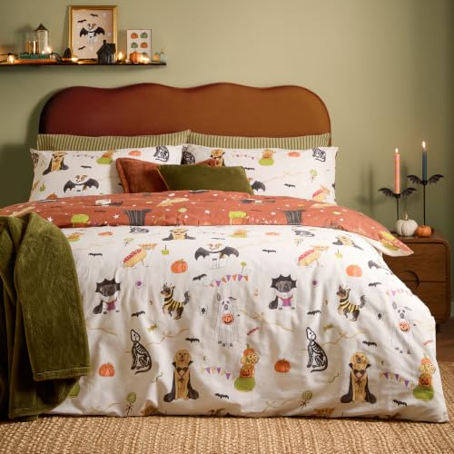 furn. Howl O Ween Bettwäsche Set (Mehrfarbig - Einzelbett) | Wendbar Herbstlich Halloween Kostüm Welpe Hund Verkleidung Pflegeleicht Baumwollmischgewebe Bettwäsche