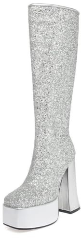 Gueploer Stivali Alti da Donna con Glitter e Tacco Spesso per Feste e Vita Quotidiana,Argento,34 EU
